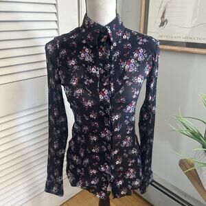 Kathy Kemp Anna Top Small Black Floral Sheer Chiffon Dark Romantic Whimsigoth